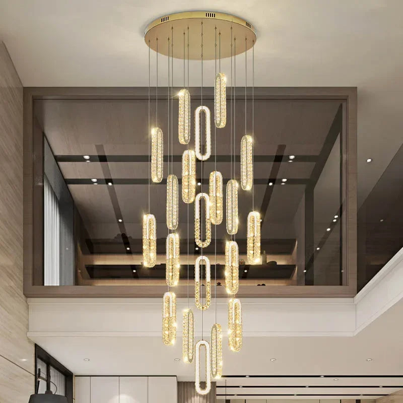 LuxeSpiral™ – Golden Crystal Cascade Chandelier