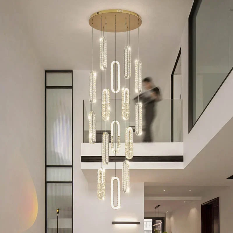 LuxeSpiral™ – Golden Crystal Cascade Chandelier